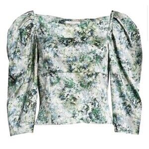 VINCE Green Floral Square Neck Puff Sleeve Satin Top Sz 4 New